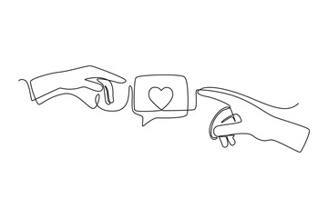 Single one line drawing hands sharing love on social media. Social media concept. Continuous line draw design graphic vector illustration.