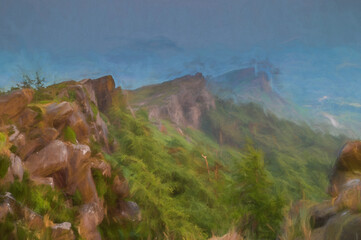 Digital painting of trees, heather and rocks at The Roaches in the Peak District National Park.
