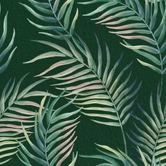 Fototapeta na wymiar Seamless floral pattern with tropical palm leaves hand-drawn painted in watercolor style. The seamless pattern can be used on a variety of surfaces, wallpaper, textiles or packaging