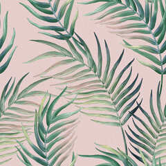 Seamless floral pattern with tropical palm leaves hand-drawn painted in watercolor style. The seamless pattern can be used on a variety of surfaces, wallpaper, textiles or packaging