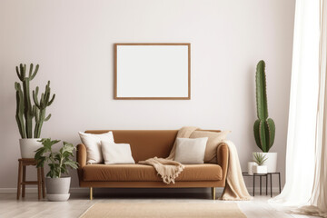 Beautiful Boho Blank Photo Frame Mockup in Neutral Muted Pastel Coloured Room wth Cactus Plants and Pampas Grass © Layerform