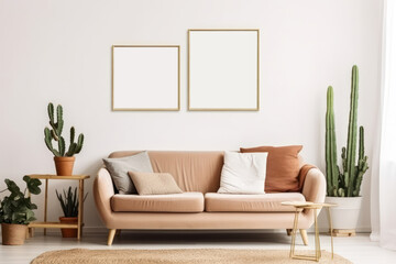 Beautiful Boho Blank Photo Frame Mockup in Neutral Muted Pastel Coloured Room wth Cactus Plants and Pampas Grass