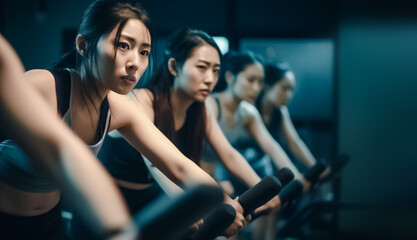 Naklejka na ściany i meble Asian women Group are exercising in from track machines to stationary bikes, capture the energy and determination of a rigorous workout. generative AI