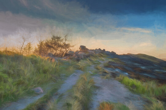 Digital painting of the scorched landscape of The Roaches after a wildfire.