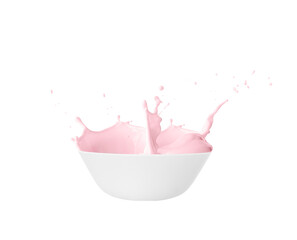 White, glass dishes, a plate filled with liquid, pink yogurt. Splash, splash of yogurt, milk. Isolated on a white background.