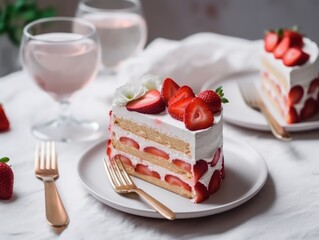 Strawberry sponge cake with fresh strawberries. Generative AI
