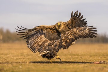 Pair of white-tailed eagles engaged in a territorial dispute in Hortobagy, Hungary