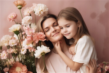 Obraz na płótnie Canvas Happy mother's day! Child congratulates mom and gives her flowers. Mum and girl smiling and hugging. Family holiday and togetherness. AI generated.