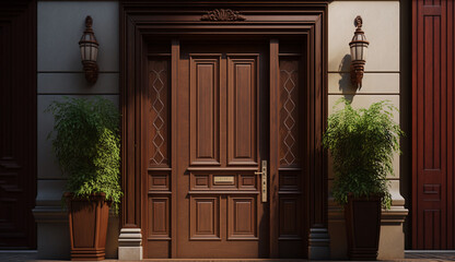 Brown color house wooden entry door picture AI Generated image - obrazy, fototapety, plakaty
