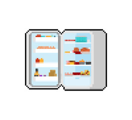 Open Fridge pixel art. refrigerator pixelated. Vector illustration