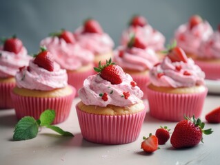 Homemade pink sweet cupcake with strawberries. Generative AI