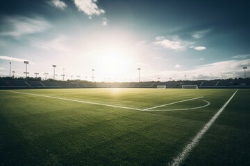 Artificial composite of football pitch and blue skies. Generative AI
