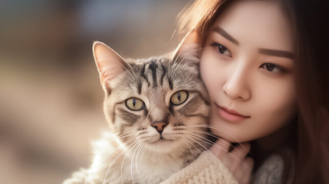 An Asian girl lovingly embraces and cuddles her adorable pet cat, radiating joy and affection at outdoor field with sunlight. generative AI.