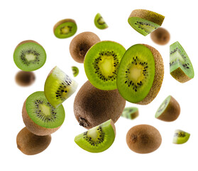 Perfectly retouched kiwis, whole halves and slices fly and levitate in space. Isolated on white