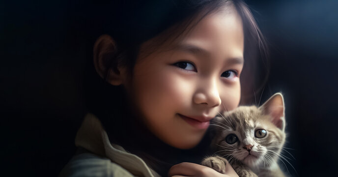A young Asian child, aged 4-9 years, beaming with happiness as she embraces her beloved pet cat