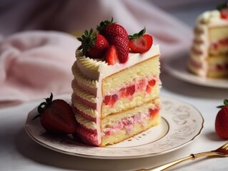 Obraz na płótnie Canvas Strawberry sponge cake with fresh strawberries. Generative AI
