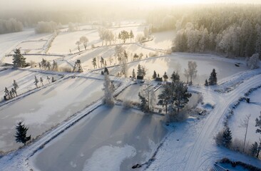 Aerial view of a frozen pond near Tirschenreuth, Bavaria, Germany. surrounded by snow-covered trees