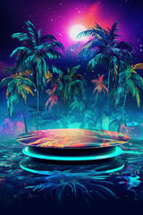 Neon tropical empty product display podium pedestal, generative ai