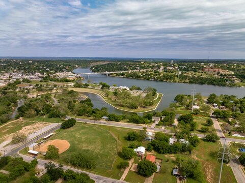 Aerial View Of Bustling Cityscape, Marble Falls Bridge, Lake Marble Falls