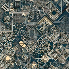 An intricate, seamless pattern displaying an assortment of geometric shapes and lines, interconnected in a complex, yet balanced design. - Generative AI, Generative, KI