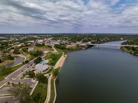 Aerial View Of Bustling Cityscape, Marble Falls Bridge, Lake Marble Falls