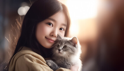 A young Asian child, aged 4-9 years, beaming with happiness as she embraces her beloved pet cat. generative AI.