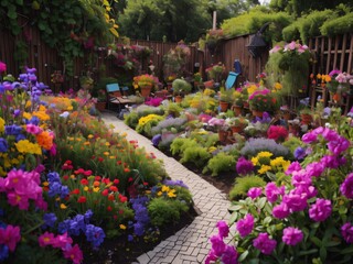A colorful garden filled with blooming flowers, with a watering can and gardening tools nearby.