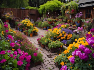 Fototapeta na wymiar A colorful garden filled with blooming flowers, with a watering can and gardening tools nearby.