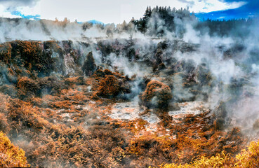 Craters of the Moon panoramic view in Taupo in autumn season, New Zealand