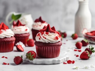 Homemade pink sweet cupcakes strawberries. Generative AI