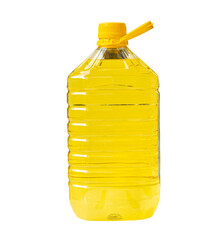 Yellow cooking oil in big plastic bottle isolated on white background with clipping path in png...