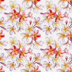 
Seamless floral pattern with plumeria blossoms hand-drawn painted in watercolor style. The seamless pattern can be used on a variety of surfaces, wallpaper, textiles or packaging
