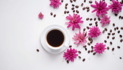 Coffee cup and pink flowers