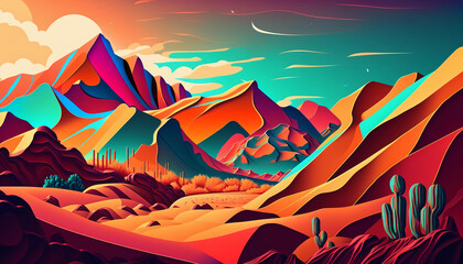 Desert landscape in brilliant hues with mountains, dunes, and sand, vibrant colors, Created with generative Ai Technology.