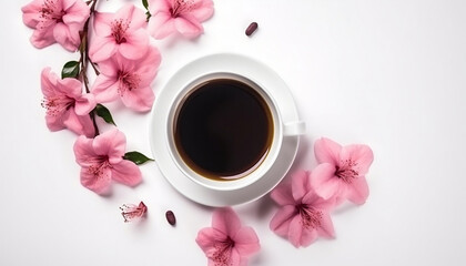 Coffee cup and pink flowers