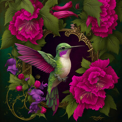 Broad-billed hummingbird, A bird on flowers, A beautiful bird on beautiful pink flowers, broad-billed hummingbird on pink flowers, generative ai