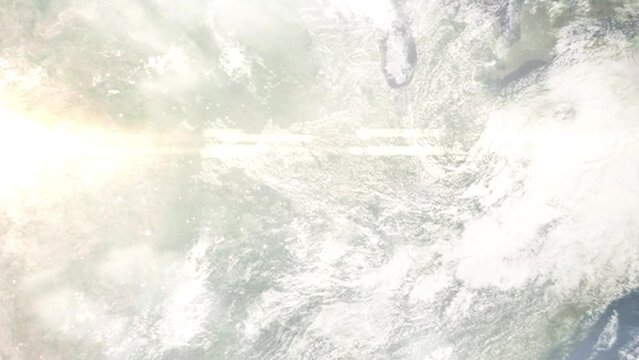 Earth zoom in from outer space to city. Zooming on Wildwood, Missouri, USA. The animation continues by zoom out through clouds and atmosphere into space. Images from NASA