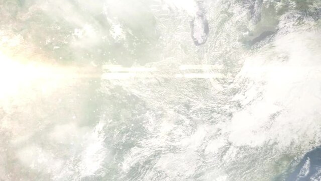 Earth zoom in from outer space to city. Zooming on Chesterfield, Missouri, USA. The animation continues by zoom out through clouds and atmosphere into space. Images from NASA