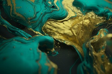 Turquoise and yellow liquid swirls with gold powder on elegant marbled background. Generative AI