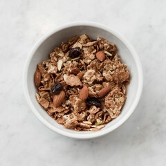 Top view of a bowl of healthy cereal with nuts and oats.