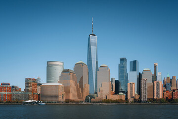 New York City Manhattan skyline with One World Trade Center Tower or Freedom Tower over Hudson River viewed from New Jersey