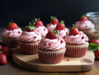 Homemade pink sweet cupcake with strawberries. Generative AI