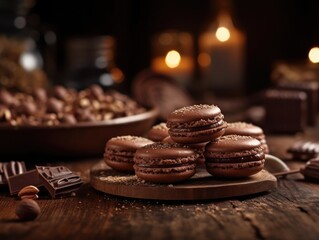 Chocolate macaroons dessert homemade on wooden background. Generative AI