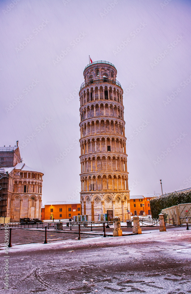 Sticker pisa under the snow. famous landmarks and monuments of field of miracles after a snowstorm