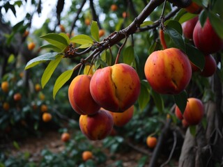 A close-up of a ripe peach hanging from a tree branch, with a few leaves in the background.