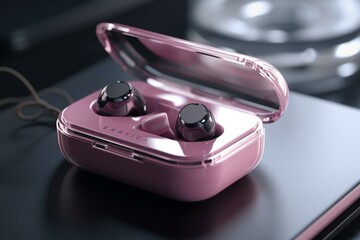 Mockup of digital pink earbuds case for wireless earphones. Generative AI - obrazy, fototapety, plakaty