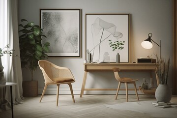 Scandinavian style interior with minimalist poster frame. 3D illustration. Generative AI