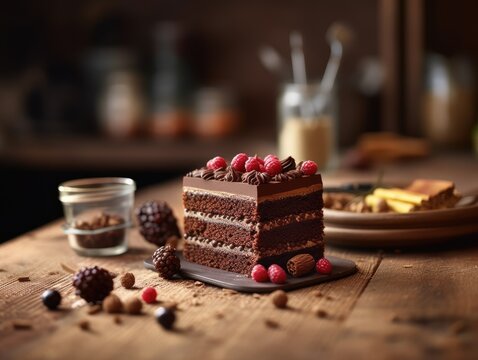 tasty homemade chocolate cake on table. Generative AI