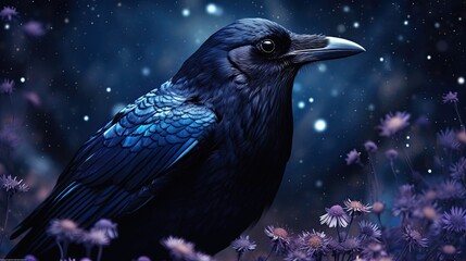 closeup of a dark raven with floral background created using generative AI tools