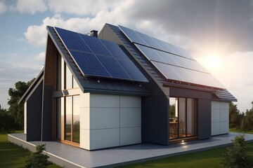 newly constructed homes with solar panels on the roof under a bright sky A close up of a brand new structure with dark solar panels. Generative AI